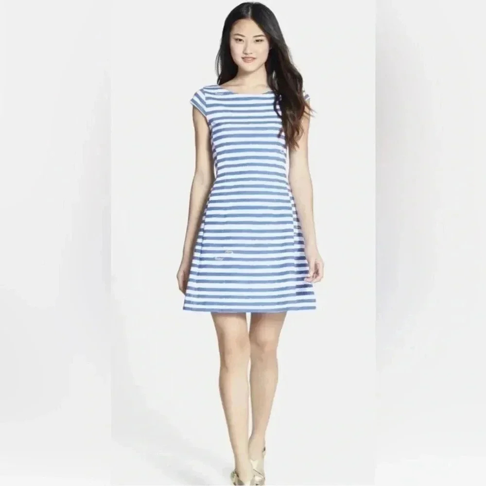 Lilly Pulitzer Briella White/Blue Stripped Cap Sleeve Stretch Dress SZ S